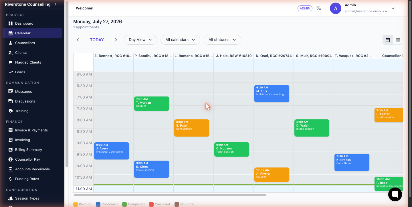 Nimbli admin calendar in day view: colour-coded appointments across several counsellors' columns, with a Pending/Confirmed/Completed status legend.